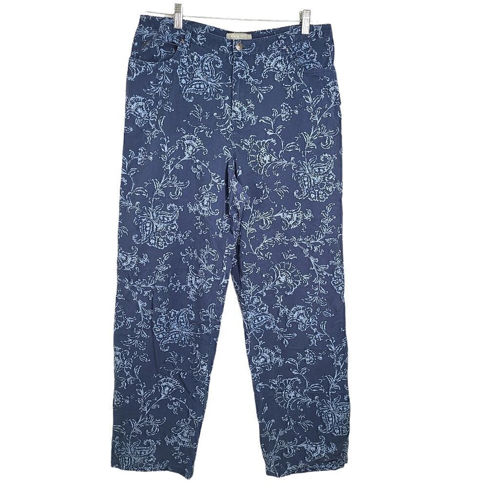 Kate Hill Blue White Paisley Floral Flat Front Straight Leg Pants